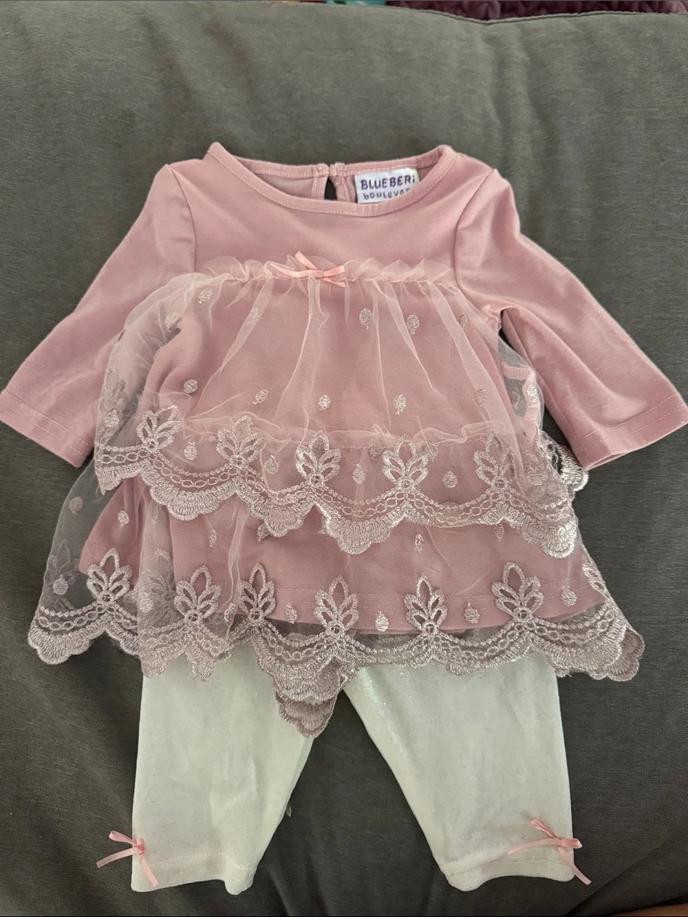 Blueberi Boulevard Pink Lace Tiered Dress with Cream Leggings Set